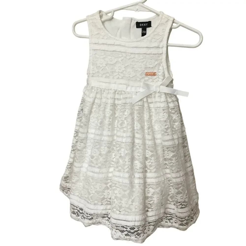 DKNY Baby Girls Sleeveless White Lace Dress Bow with Bottoms Size 24 Month's NEW